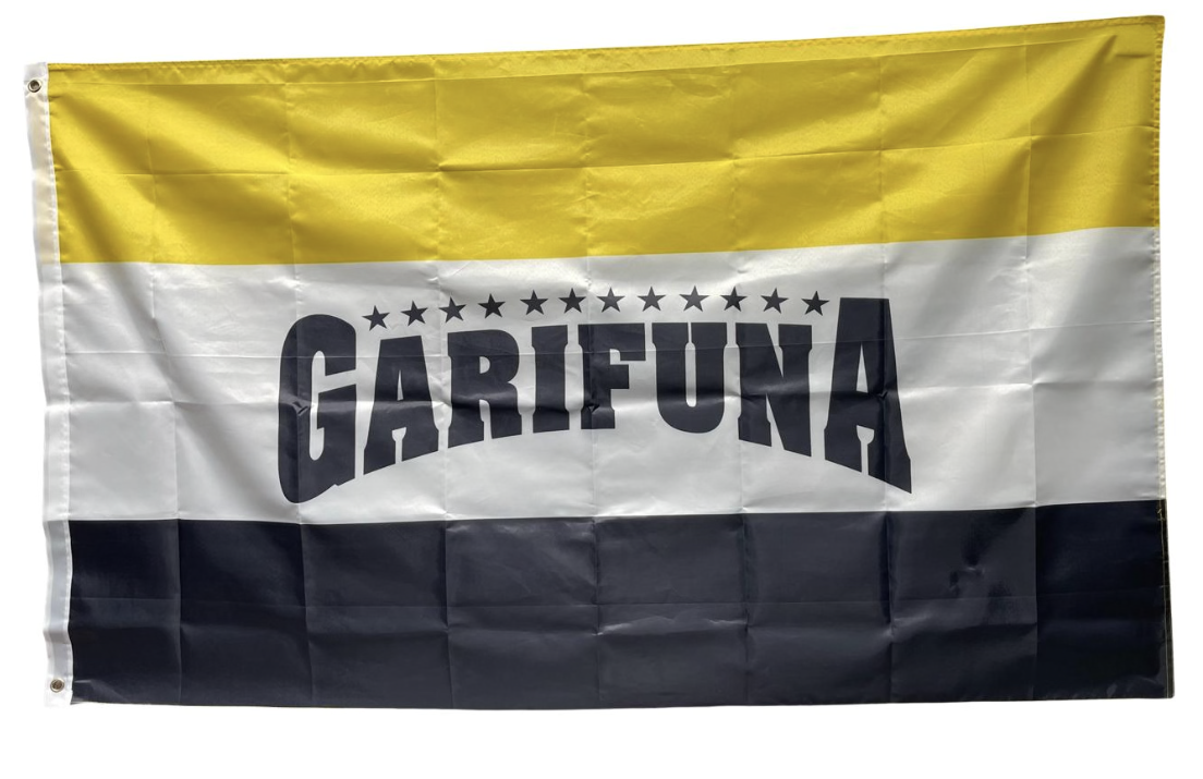 The Garifuna flag — three horizontal bands of yellow, white, and black with the word GARIFUNA centered.