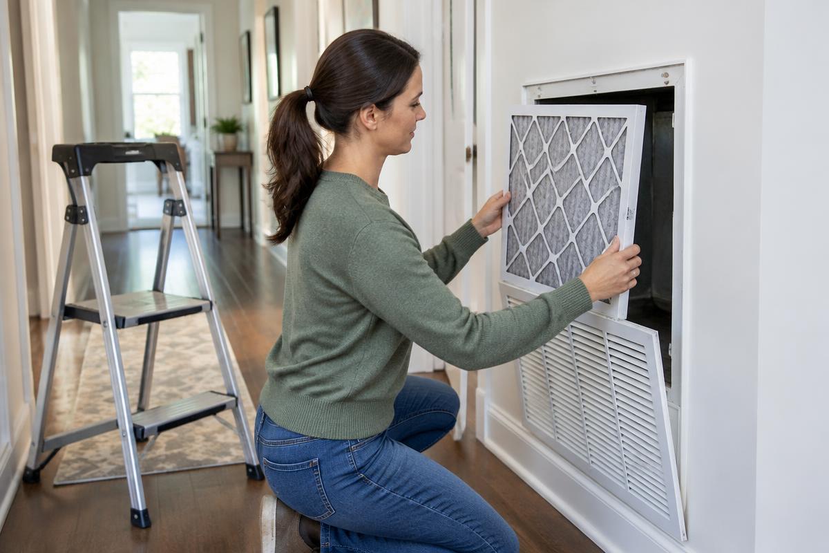 A homeowner replacing an HVAC return filter.